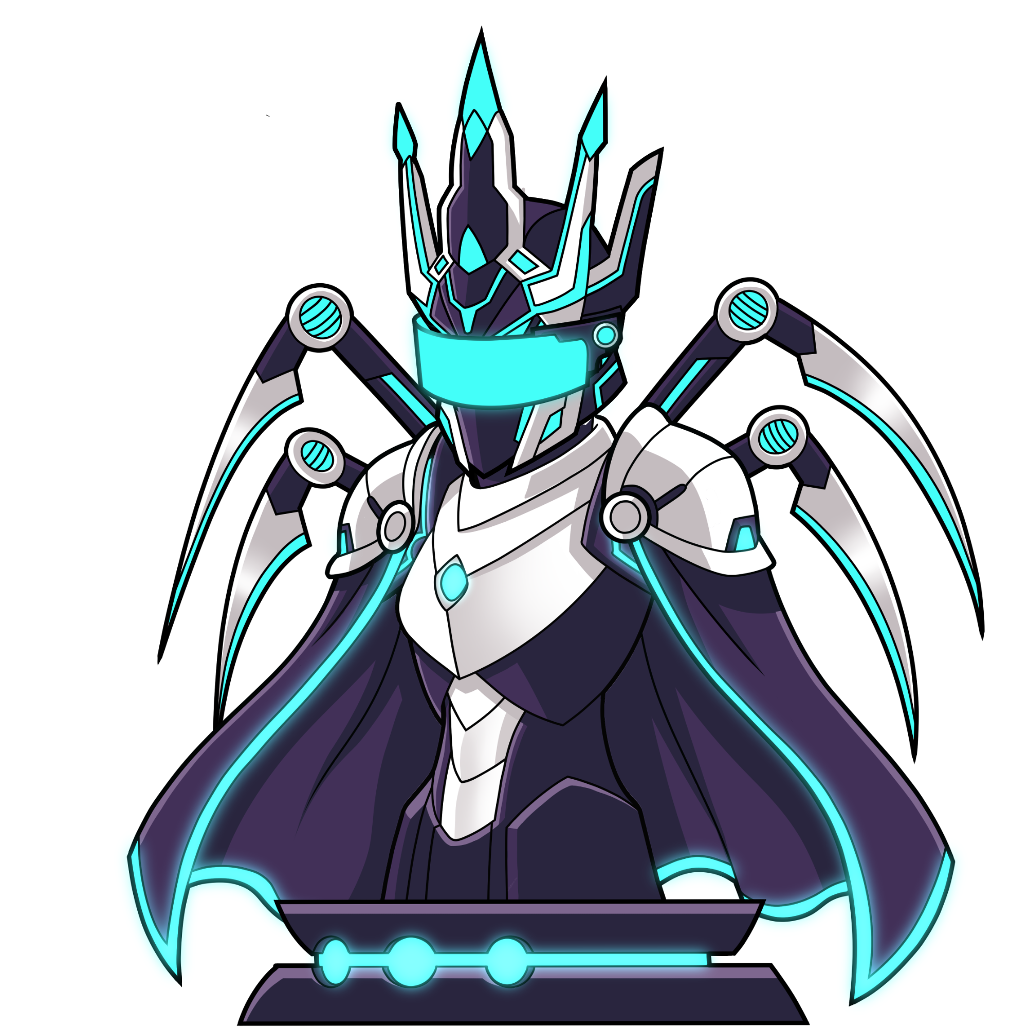 Xpectra #15, a King bust with a visor, a cape and a spider rig, standing on an orb rail pedestal