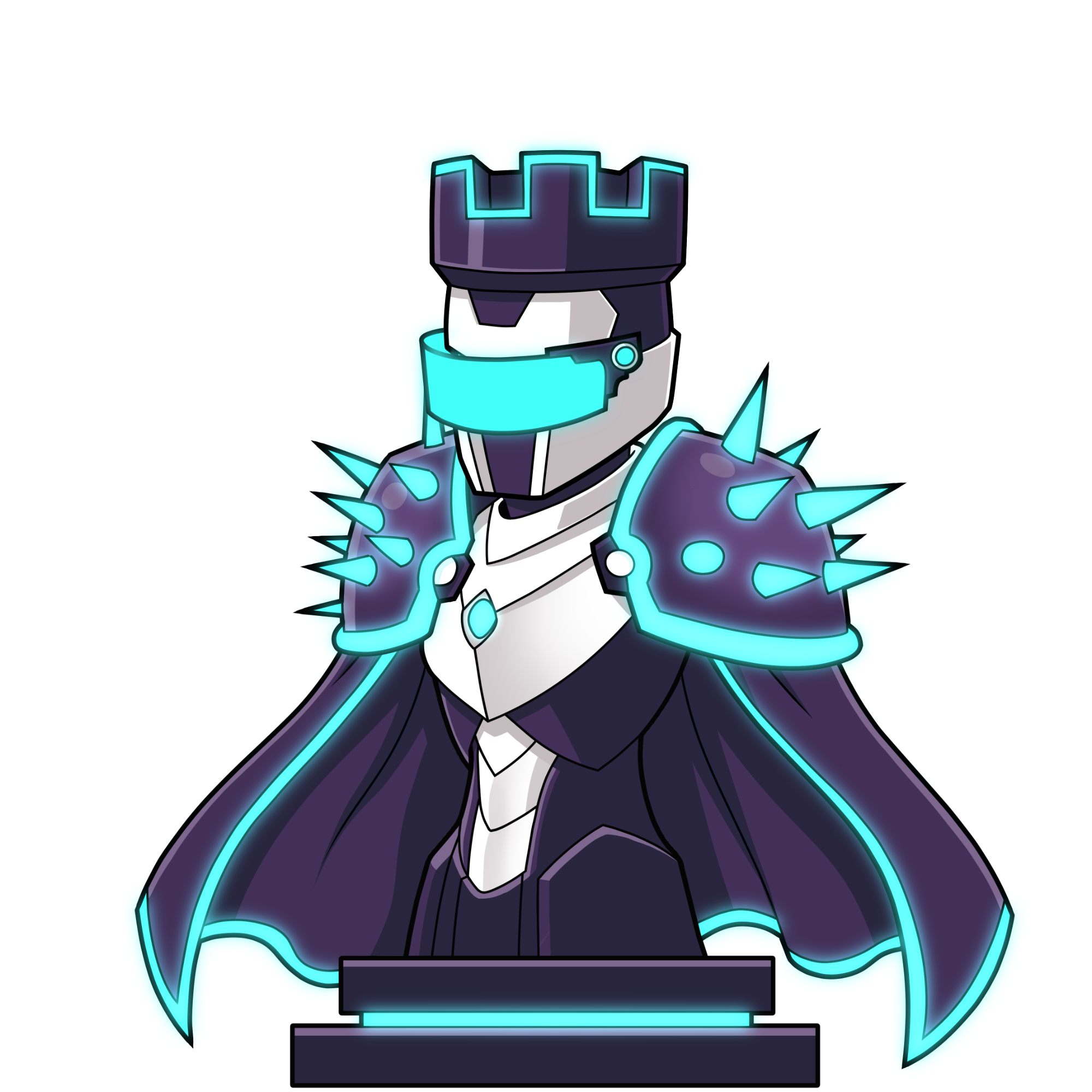 Xpectra #20, a Rook bust with a visor, spiked pauldrons and a cape, standing on a plinth